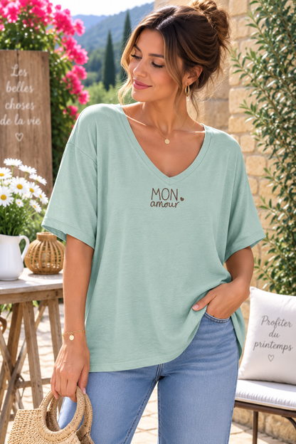 T-shirt col V Mon Amour turquoise