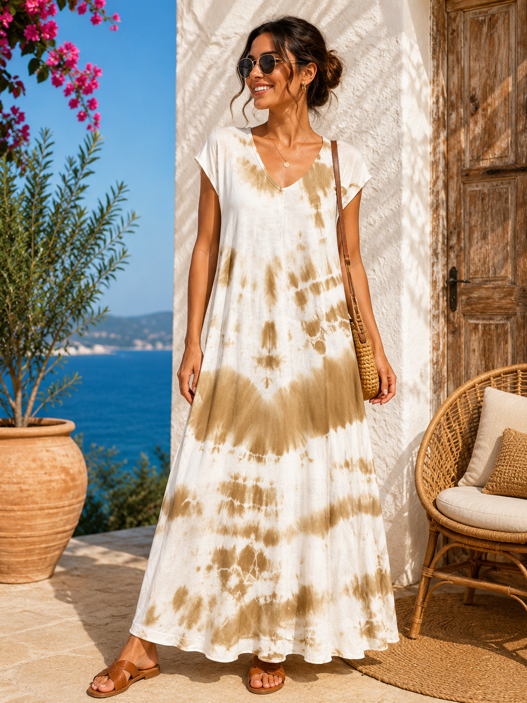 Robe longue t-shirt tie&die camel