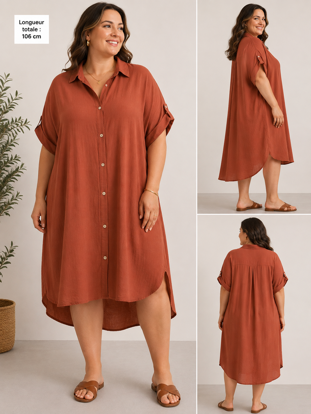 GRANDE TAILLE - Robe chemise fluide rouille