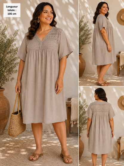 GRANDE TAILLE - Robe voile de coton broderies sable