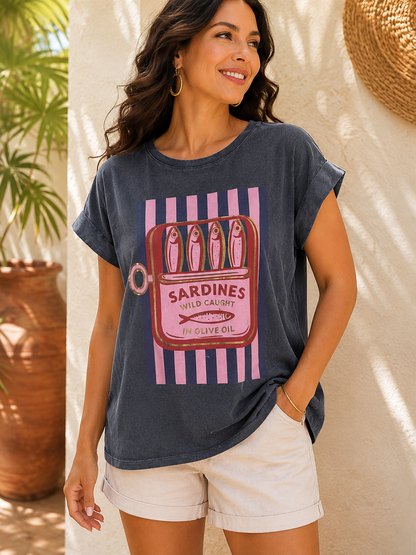 T-shirt anthracite SARDINES bleu marine/rose
