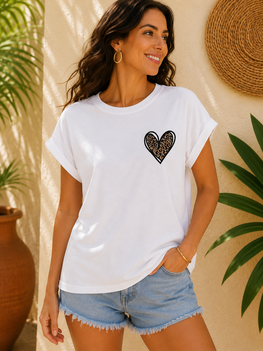 T-shirt blanc coeur léopard