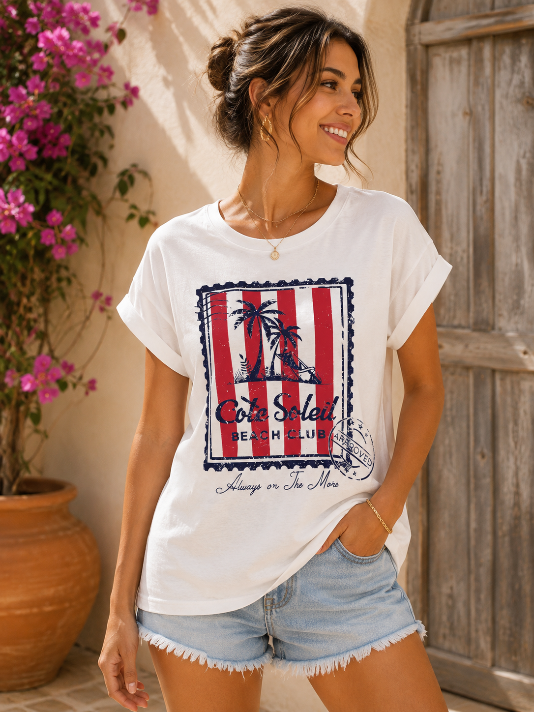 T-shirt blanc palmiers timbre
