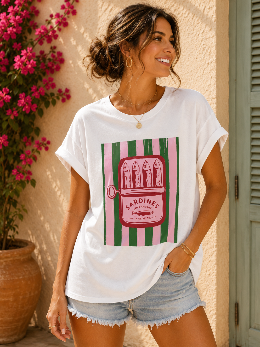 T-shirt blanc SARDINES rose/vert