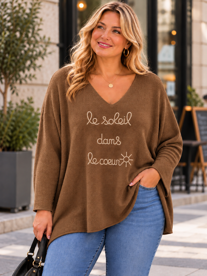 GRANDE TAILLE - Pull Le Soleil dans le Coeur camel