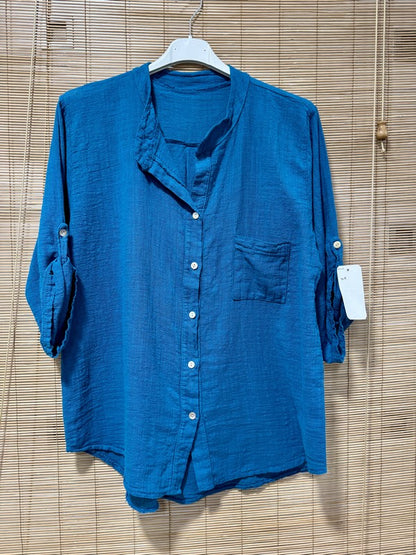 Chemise en coton col mao bleu canard
