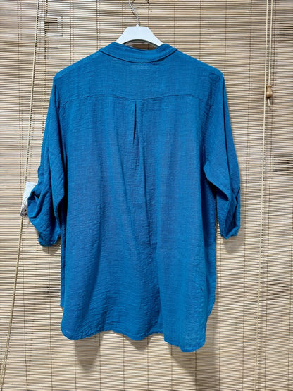 Chemise en coton col mao bleu canard
