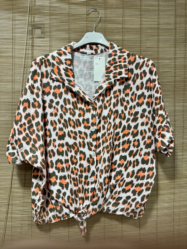 Chemise gaze de coton léo fluo kaki/orange