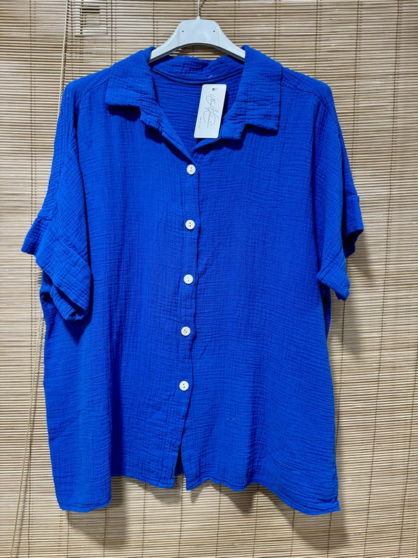 Chemise gaze de coton manches courtes bleu roi