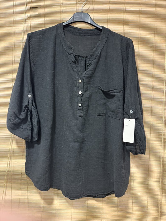Chemise en coton col mao noire