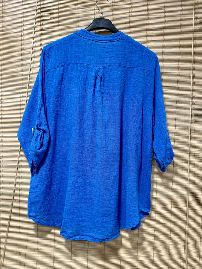 Chemise en coton col mao bleu roi