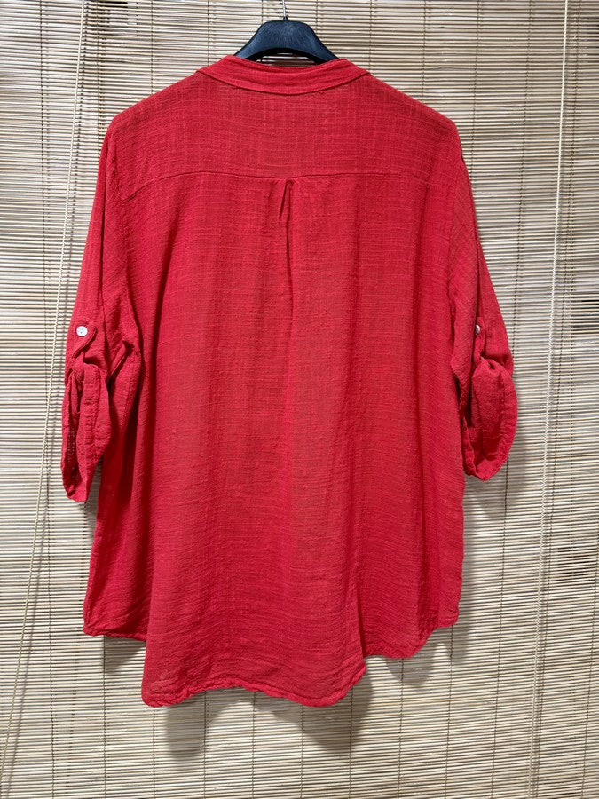 Chemise en coton col mao rouge