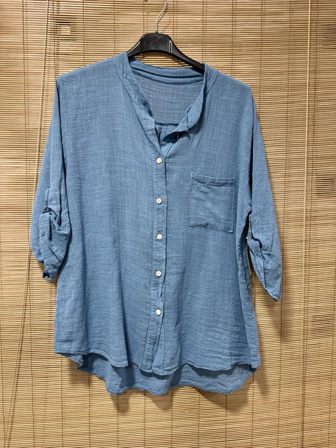 Chemise en coton col mao bleu jean