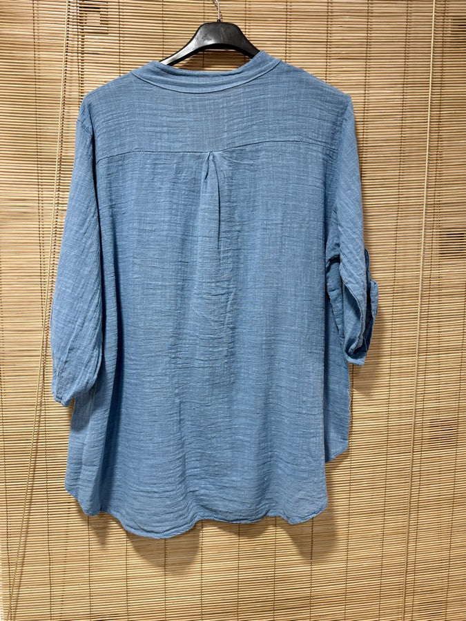 Chemise en coton col mao bleu jean
