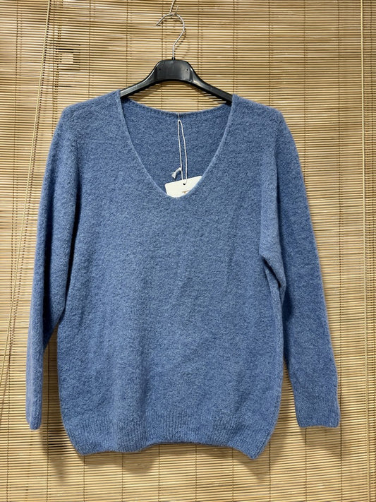 Pull col V CAMILLE bleu jean (alpaga)
