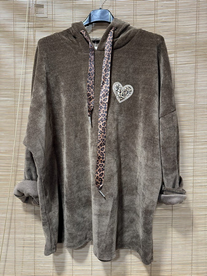 Sweat à capuche en velours léo coeur marron