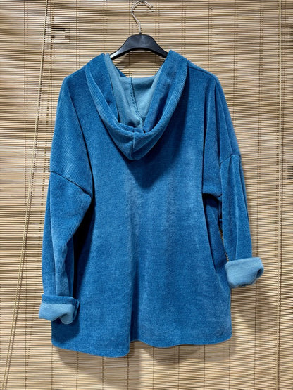 Gilet zippé velours bleu pétrole lacets léopard