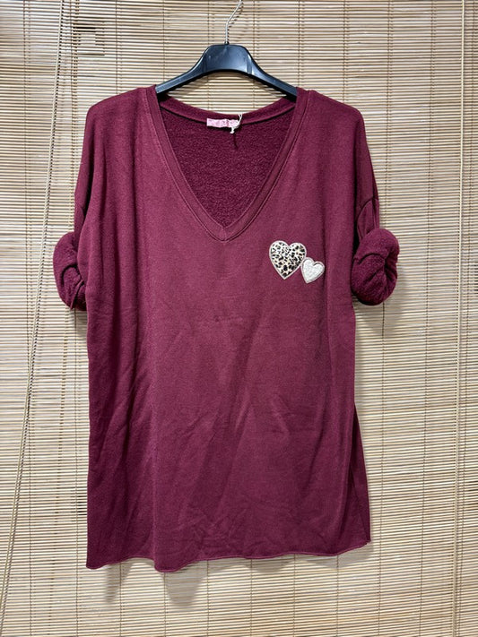 Pull fin intérieur molletonné cœur poitrine prune