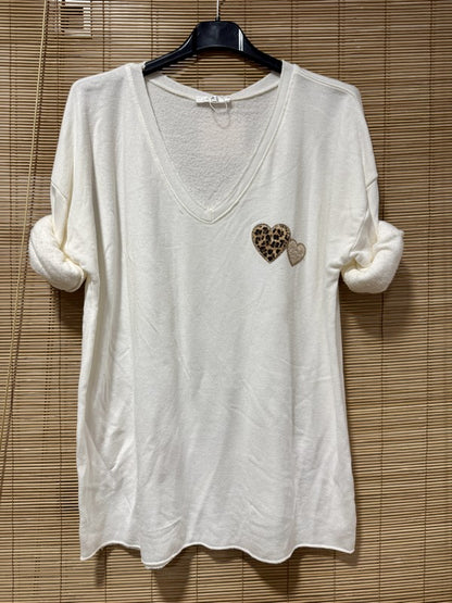 Pull fin intérieur molletonné coeur poitrine écru