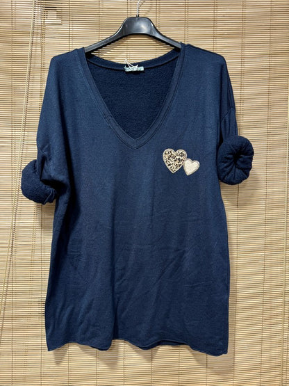 Pull fin intérieur molletonné cœur poitrine bleu marine