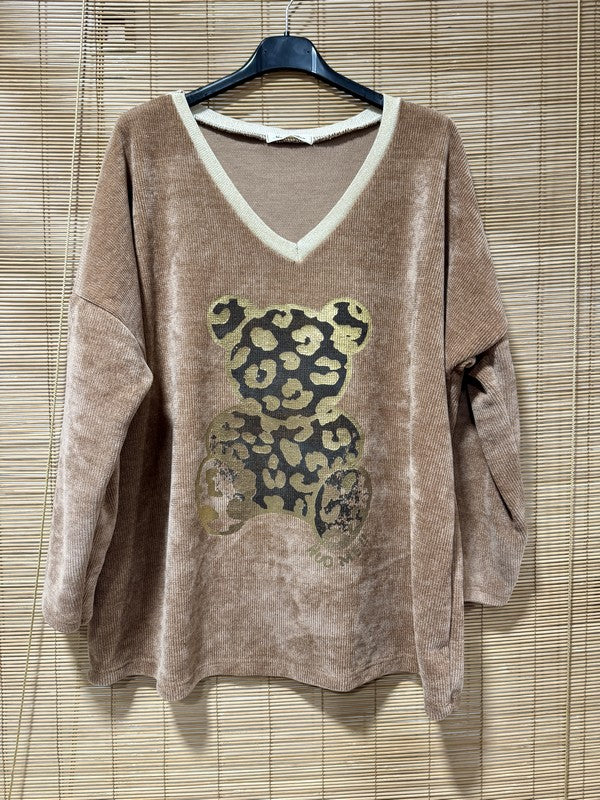 Sweat velours nounours col doré camel