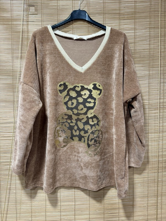 Sweat velours nounours col doré camel