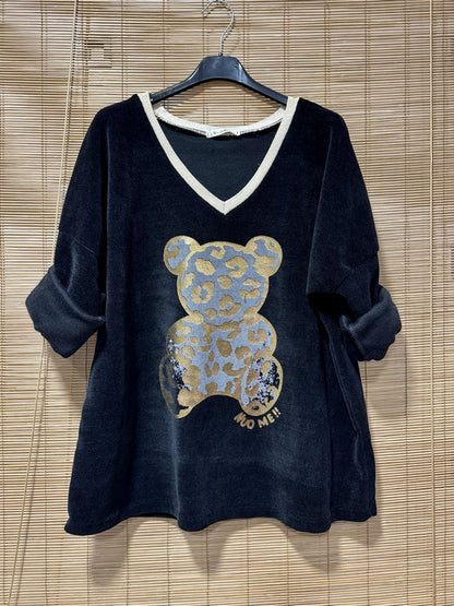 Sweat velours nounours col doré noir