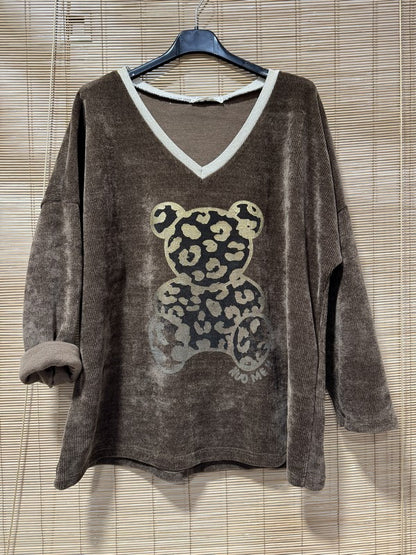 Sweat velours nounours col doré marron