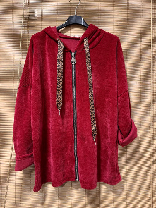 Gilet zippé velours blanc lacets léopard rouge