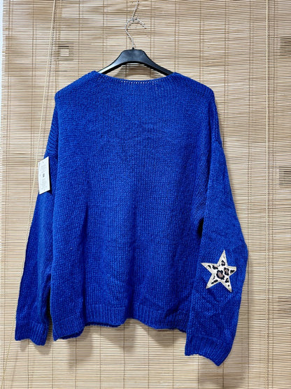 Pull col V étoiles léo bleu roi