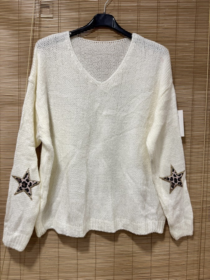 Pull col V étoiles léo blanc