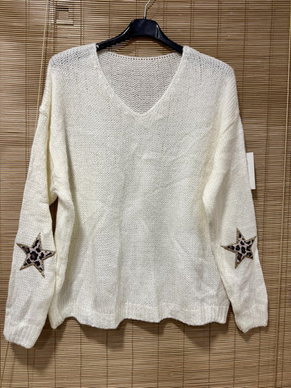 Pull col V étoiles léo blanc