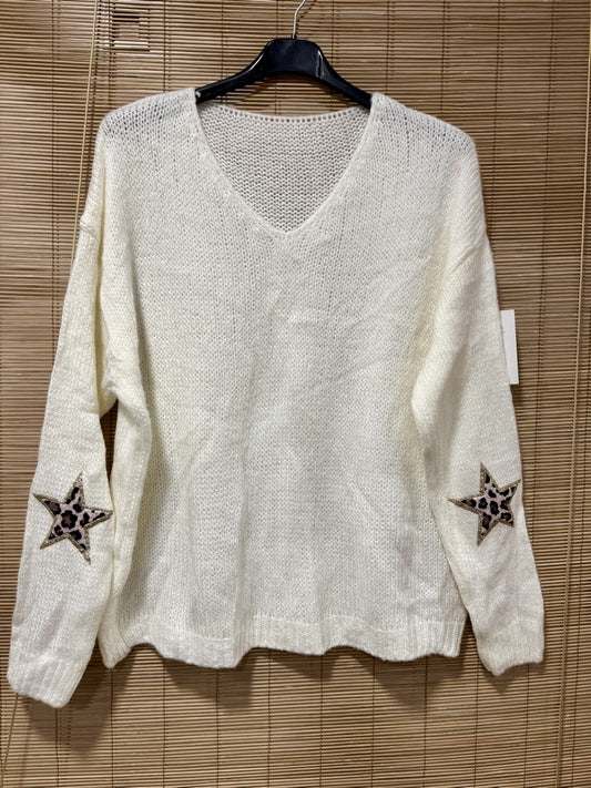 Pull col V étoiles léo blanc