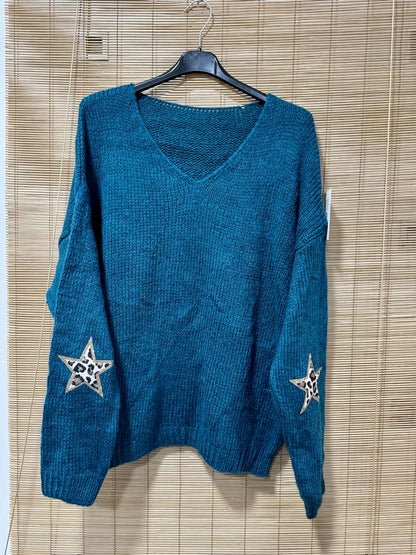 Pull col V étoiles léo bleu canard
