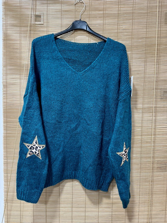 Pull col V étoiles léo bleu canard