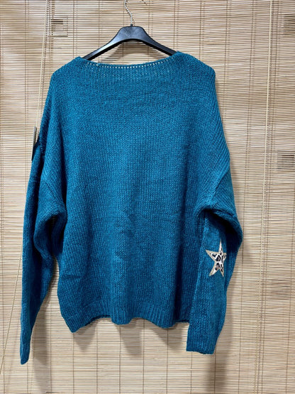 Pull col V étoiles léo bleu canard