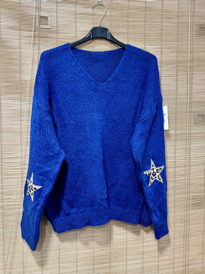 Pull col V étoiles léo bleu roi