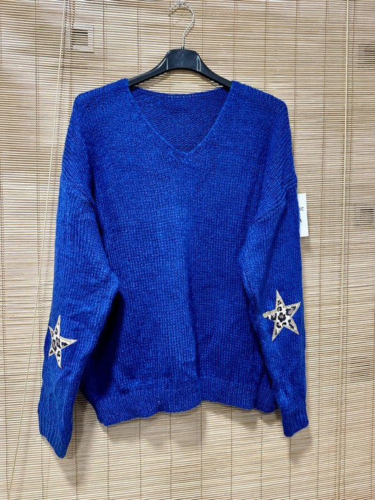Pull col V étoiles léo bleu roi