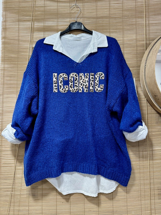 Pull col ICONIC bleu roi