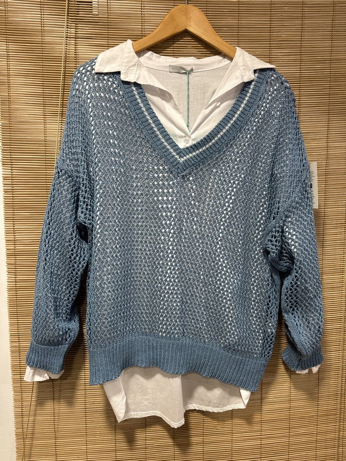 Pull ajouré col V bleu ciel
