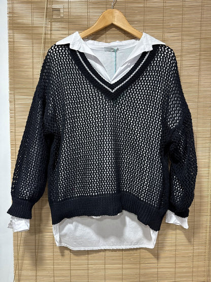 Pull ajouré col V noir