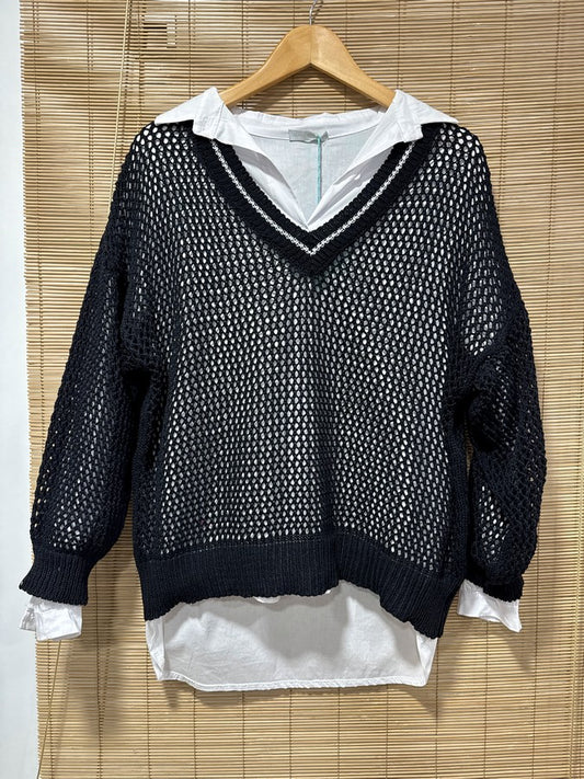 Pull ajouré col V noir