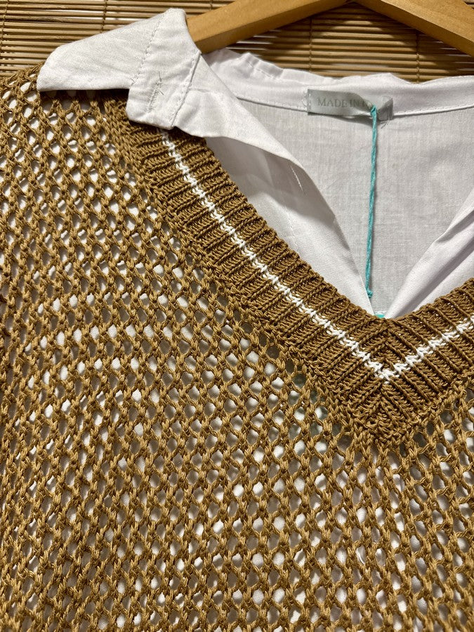 Pull ajouré col V camel