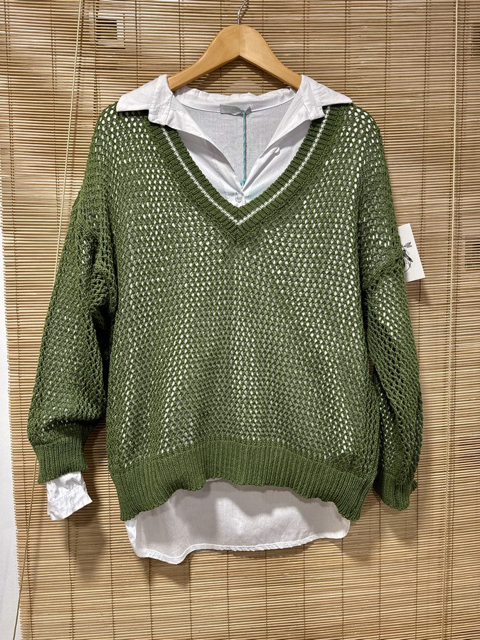 Pull ajouré col V kaki