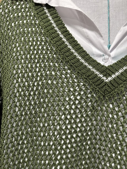 Pull ajouré col V kaki