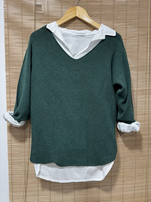 Pull col V Elena vert sapin