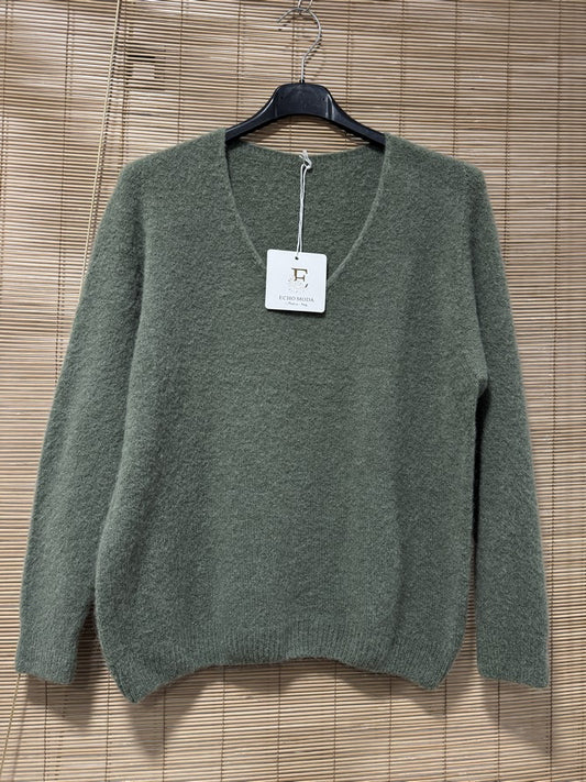 Pull CAMILLE col V vert olive