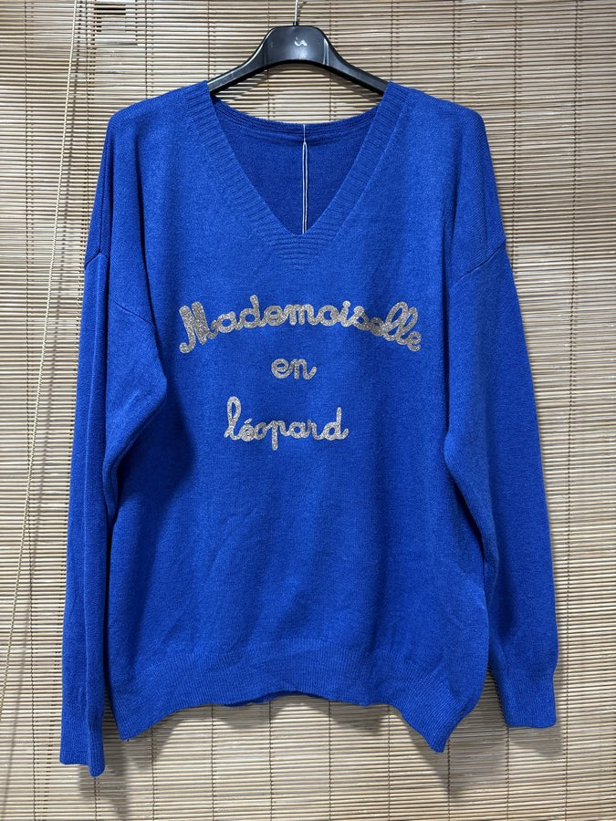 Pull col V Mademoiselle en Léopard bleu roi TU