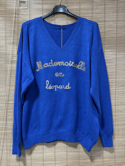 Pull col V Mademoiselle en Léopard bleu roi TU