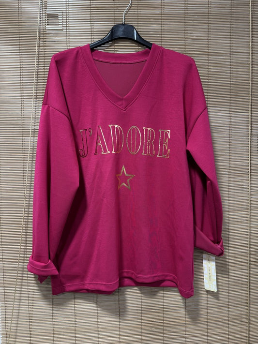 TU - Sweat col V J'adore fuchsia